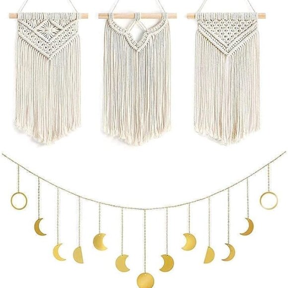 Moon Phase Wall Hanging and 3 Pack Macrame Wall Hanging Wall Decor Boho Home NEW - Picture 1 of 5